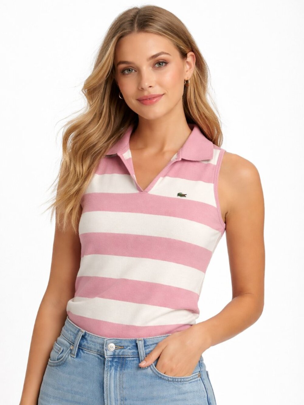 Lacoste 100% Cotton Knit Sweater Vest Pink White Striped Pullover Sz 6